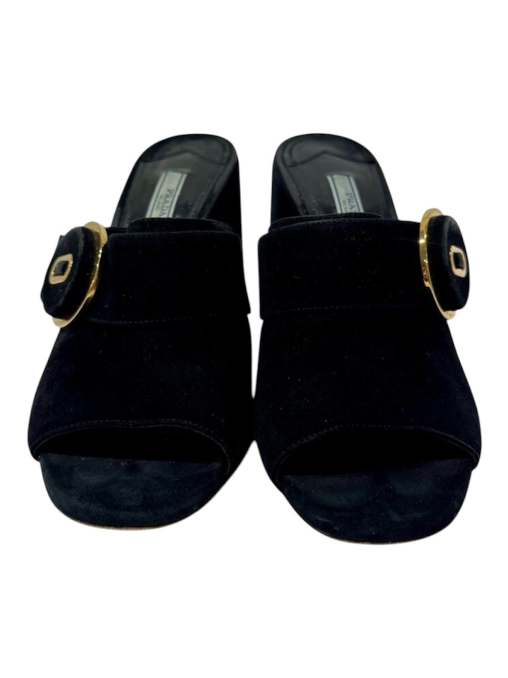 Vintage Prada Black Suede Gold Buckle Block Heel Mules 38.5